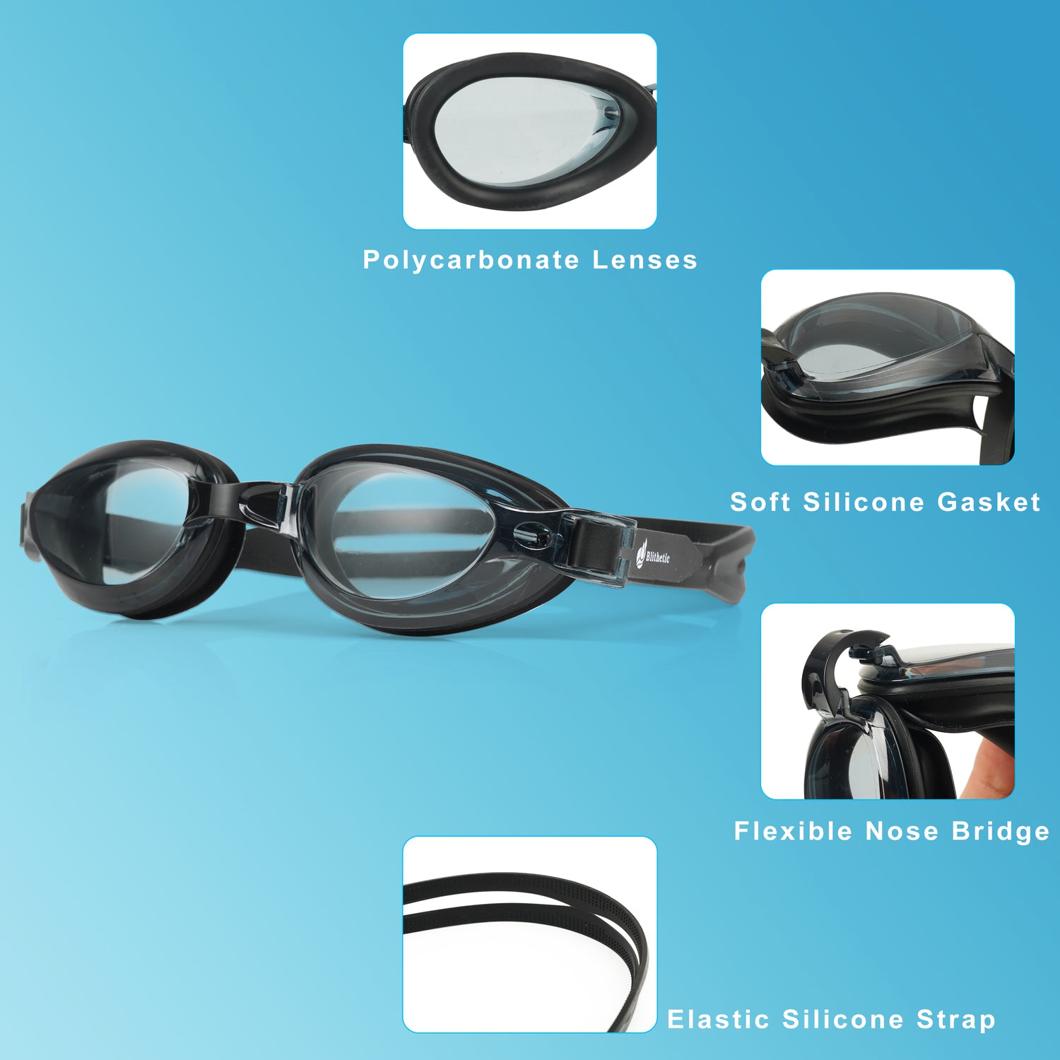 Blithetic Adult Myopia Swimming Goggles, Waterproof Anti-Fog Nearsighted Swim Goggles Black