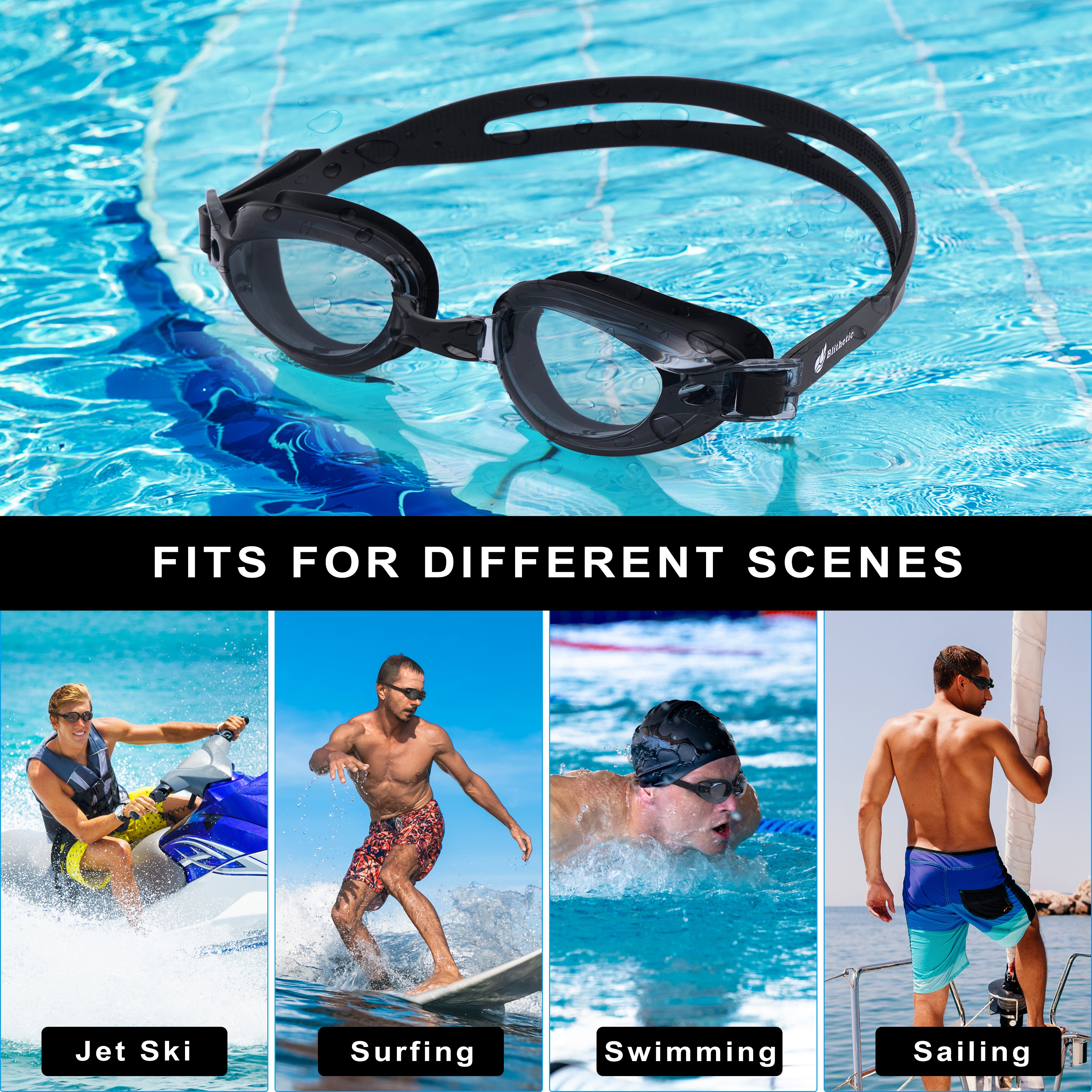 Blithetic Adult Myopia Swimming Goggles, Waterproof Anti-Fog Nearsighted Swim Goggles Black