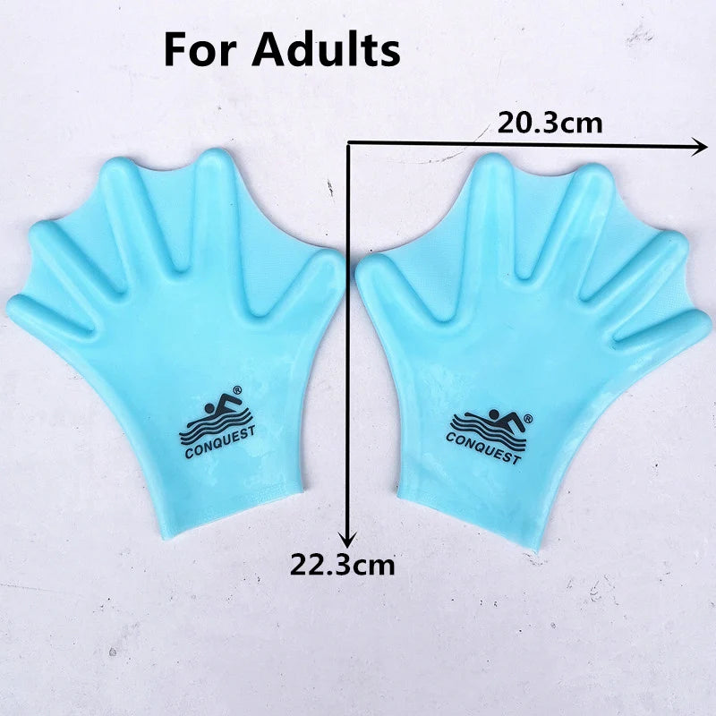 1 par de aletas de snorkel de silicona, equipo de natación, accesorios de buceo de manos completas, palma palmeada, guantes de gel de sílice para adultos y niños