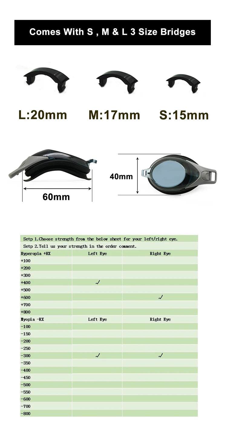 Óculos de natação ópticos +Rx -Rx para adultos e crianças com protetores auriculares grátis